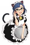  alternate_costume animal_ears bespectacled blue_hair blush cat_ears cat_tail dani-ikapi enmaided glasses idolmaster idolmaster_million_live! looking_at_viewer maid nanao_yuriko open_mouth short_hair smile solo tail tray yellow_eyes 