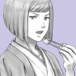  634 chopsticks eating fire_emblem fire_emblem_if hisame_(fire_emblem_if) japanese_clothes kimono looking_at_viewer male_focus monochrome open_mouth purple_background simple_background solo 