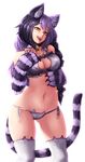  animal_band_legwear animal_ears bangs barbariank bare_shoulders bell bell_collar black_hair bow bra breasts cat_band_legwear cat_cutout cat_ear_panties cat_ears cat_lingerie cat_paws cat_tail cheshire_cat_(monster_girl_encyclopedia) cleavage_cutout collar eyebrows eyebrows_visible_through_hair eyeliner frilled_bra frills fur hair_bow hand_on_own_chest head_tilt highres jingle_bell large_breasts looking_at_viewer makeup meme_attire monster_girl monster_girl_encyclopedia multicolored_hair navel open_mouth panties paws purple_hair side-tie_panties simple_background slit_pupils smile solo spaghetti_strap striped_tail tail teeth thighhighs tongue two-tone_hair underwear underwear_only white_background white_legwear yellow_eyes 