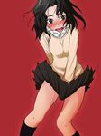  amagami black_hair black_legwear blazer blush brown_eyes guriko_(mossari) jacket legs long_hair looking_down messy_hair open_collar open_mouth red_background skirt skirt_tug socks solo surprised sweater tanamachi_kaoru thighs 