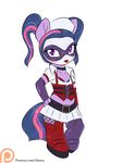  2015 alasou anthro anthrofied chibi clothing cosplay equine face_paint female friendship_is_magic hair hand_on_hip harley_quinn hi_res horse looking_at_viewer mammal mask multicolored_hair my_little_pony patreon pony purple_eyes simple_background solo twilight_sparkle_(mlp) 