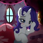  2016 bed blue_eyes blush equine female feral friendship_is_magic fur hair half-closed_eyes hi_res hooves horn inside long_hair looking_at_viewer mammal my_little_pony on_bed pillow ponyecho purple_hair rarity_(mlp) smile solo unicorn white_fur 