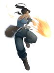  armband avatar_(series) blue_eyes boots brown_hair clenched_hands clenched_teeth dark_skin fire fireball fur highres korra long_hair ponytail rikizo solo tank_top teeth the_legend_of_korra vambraces 