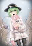 :o alternate_costume belt black_hat black_legwear bow building coat dutch_angle eyeball eyebrows eyebrows_visible_through_hair fringe_trim fuente gloves green_eyes green_hair hand_on_own_chest hat hat_bow hat_ribbon heart heart_of_string highres jewelry komeiji_koishi legs_apart long_sleeves looking_up mittens mittens_removed open_mouth outdoors pantyhose pink_scarf ribbon ring scarf short_hair single_glove smile snowing solo third_eye touhou winter_clothes yellow_bow yellow_ribbon 
