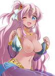  ;d blue_eyes bra bra_removed breasts character_request dark_skin harem_pants jewelry large_breasts long_hair navel necklace nipples one_eye_closed open_mouth pants pink_hair sengoku_collection side_ponytail sketch smile solo takano_natsuki topless underwear 
