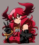  bare_shoulders black_gloves bracelet breasts commentary_request curly_hair demon_girl elbow_gloves gloves gorget grey_background jewelry large_breasts long_hair maou_beluzel matsuda_yuusuke red_eyes red_hair smile solo upper_body v yuusha_to_maou 