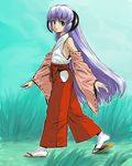  detached_sleeves dodome_(caps) hakama hanyuu higurashi_no_naku_koro_ni horns japanese_clothes long_hair miko purple_eyes purple_hair red_hakama solo walking 