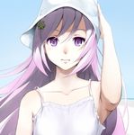  aoten armpits collarbone copyright_request face flower hair_ornament hand_on_headwear hat lips long_hair looking_at_viewer pink_hair purple_eyes purple_hair solo upper_body wind 