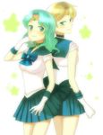  back-to-back back_bow bishoujo_senshi_sailor_moon blonde_hair blue_choker blue_eyes blue_sailor_collar blue_skirt bow choker gloves green_eyes green_hair hachiko_(hati12) jewelry kaiou_michiru long_hair magical_girl multiple_girls outer_senshi ribbon sailor_collar sailor_neptune sailor_senshi sailor_senshi_uniform sailor_uranus school_uniform short_hair skirt star ten'ou_haruka tiara very_short_hair white_gloves 