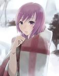  aoten bangs blanket blurry blush bracelet breath cold copyright_request depth_of_field from_side hand_up heart jewelry long_hair looking_at_viewer open_mouth purple_eyes purple_hair solo 