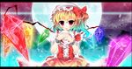  bat blonde_hair blood crystal dress flandre_scarlet full_moon hat looking_at_viewer mob_cap moon nanamomo_rio red_eyes ribbon-trimmed_headwear ribbon_trim short_hair smile solo star touhou vampire wings 