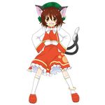  animal_ears bad_id bad_pixiv_id brown_hair cat_ears cat_tail chen eku full_body hat highres multiple_tails solo tail touhou transparent_background 