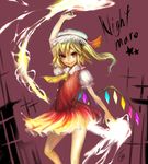  &gt;:) arm_up ascot bad_id bad_pixiv_id blonde_hair english fire flandre_scarlet hands lips magic red_eyes short_hair side_ponytail signature smile solo tcb touhou v-shaped_eyebrows wings 