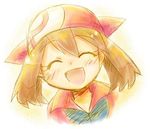  :d ^_^ bandana blush brown_hair closed_eyes happy haruka_(pokemon) hat lowres manaka_(pdx) md5_mismatch open_mouth pokemon popped_collar simple_background smile solo white_background 