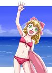  bikini blonde_hair bow day drill_hair green_eyes hina_ichigo innertube kurai_(cry) long_hair pink_bow rozen_maiden solo swimsuit waving 