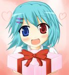  blue_eyes blue_hair blush gift heterochromia holding holding_gift open_mouth red_eyes short_hair solo tatara_kogasa touhou yuzutei 