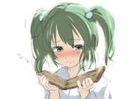  bizen broken face green_eyes green_hair hair_bobbles hair_ornament kisume sketch solo tears touhou translated twintails wood 