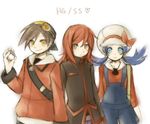  2boys alternate_costume artist_request backwards_hat bag baseball_cap black_hair blue_eyes blue_hair blush bow cabbie_hat cosplay crystal_(pokemon) goggles gold_(pokemon) hat holding holding_poke_ball hood hoodie jacket multiple_boys overalls poke_ball pokemon pokemon_(game) pokemon_gsc pokemon_hgss pokemon_special red_hair short_hair silver_(pokemon) silver_eyes simple_background smile smirk twintails yellow_eyes 
