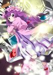  blush book bow capelet floating floating_object glowing hair_bow hat long_hair magic massala patchouli_knowledge purple_eyes purple_hair robe solo striped touhou 