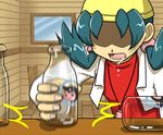 blue_hair crystal_(pokemon) drinking gen_2_pokemon hat jacket lowres milk miltank open_mouth pokemon pokemon_(creature) pokemon_(game) pokemon_gsc solo twintails 