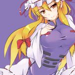  blonde_hair bow breasts hair_bow large_breasts long_hair nanahara_fuyuki shirt smile solo taut_clothes taut_shirt touhou yakumo_yukari yellow_eyes 