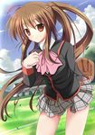  baseball_mitt bow brown_eyes brown_hair little_busters! long_hair mycstea natsume_rin pink_bow plaid plaid_skirt ponytail school_uniform skirt solo wind 