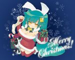  akatsuki_gomoku animal_ears bell box breasts bunny_ears candy candy_cane carrying christmas cleavage food gift gift_box green_hair holding holding_gift holding_sock large_breasts long_hair megatrea_shop official_art santa_costume snowflakes solo thighhighs tray twintails yellow_eyes 