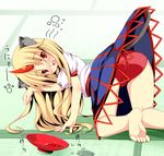  alcohol all_fours animal_ears bad_id bad_pixiv_id barefoot blonde_hair blush cat_ears cat_tail cup drunk feet horn hoshiguma_yuugi kemonomimi_mode kuro_minamo long_hair looking_at_viewer nyan panties paw_pose red_eyes red_panties sakazuki sake skirt skirt_lift solo tail tatami touhou underwear younger 