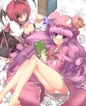  ass bad_anatomy bangs blunt_bangs book book_stack breasts cleavage demon_girl downblouse from_above hat head_wings highres holding holding_book koakuma large_breasts looking_at_viewer mob_cap multiple_girls panties patchouli_knowledge red_eyes red_hair sorusibu succubus touhou underwear white_panties 