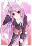  animal_ears black_legwear blazer breasts bunny_ears cleavage fuyuno_taka halftone halftone_background hand_in_hair hand_on_thigh highres jacket large_breasts lavender_hair leaning_forward long_hair no_bra orange_eyes pleated_skirt reisen_udongein_inaba skirt solo staring thighhighs touhou very_long_hair zettai_ryouiki 