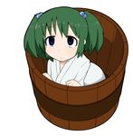  absurdres blue_eyes bucket green_hair hair_bobbles hair_ornament highres in_bucket in_container japanese_clothes kisume ladfa solo touhou twintails white_background wooden_bucket 