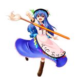  blue_hair food fruit full_body hat highres hinanawi_tenshi leaf long_hair nanatsu_(chatge) peach red_eyes solo sword sword_of_hisou touhou transparent_background weapon 