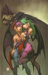  2girls :o absurdres animal_print arm_grab arnold_tsang bangs bare_shoulders bat bat_print bat_wings blue_legwear boots breasts bridal_gauntlets brown_hair center_opening cleavage collarbone demitri_maximoff demon_girl flat_chest frown fur_trim green_eyes green_hair grin hair_between_eyes hand_on_another's_face hand_on_thigh head_wings high_heels highleg highleg_leotard highres hug incest large_breasts leg_lift legs leotard lilith_aensland long_hair looking_at_viewer looking_away looking_back morrigan_aensland multiple_girls naughty_face open_mouth pantyhose parted_lips print_legwear profile purple_hair purple_legwear red_eyes red_leotard scan shoes short_hair siblings sideboob signature sisters smile spiked_hair standing standing_on_one_leg succubus udon_entertainment vampire vampire_(game) wings yuri 