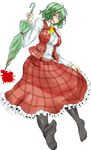  absurdres aoi_manabu ascot black_legwear blood breasts closed_umbrella feet full_body green_hair highres impossible_clothes impossible_vest kazami_yuuka large_breasts licking_lips one_eye_closed pantyhose plaid plaid_skirt plaid_vest red_eyes red_hair shirt short_hair skirt skirt_set solo taut_clothes taut_shirt tongue tongue_out touhou transparent_background umbrella vest 