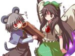  animal_ears arm_cannon black_hair bow brown_eyes check_translation eyes green_bow grey_hair hair_bow hakika long_hair mouse_ears mouse_tail multiple_girls nazrin red_eyes reiuji_utsuho short_hair silver_hair skirt tail touhou translated translation_request weapon wings 