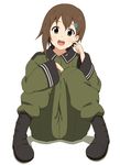  bad_id bad_pixiv_id brown_hair goro hair_ornament hairclip hand_on_own_face military military_uniform open_mouth sitting solo sora_no_woto sorami_kanata uniform 