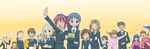  6+girls arms_up asakura_soyogi asou_natsumi black_hair blazer brown_hair collared_shirt everyone himuro_fuu jacket kajiwara_sora kamiya_asaka kasugano_hiyori kate_(sketchbook_full_colors) kuga_kokage kurihara_nagisa long_sleeves looking_at_viewer multiple_boys multiple_girls negishi_daichi negishi_minamo ono ooba_tsukiyo sasaki_juju shirt short_hair simple_background sketchbook_full_colors sugyou_ujou tanabe_ryou torikai_hazuki yellow_background 