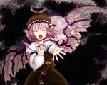  animal_ears apattiudon blush_stickers bow closed_eyes dark earrings fingernails full_moon green_nails hair_bow hat jewelry long_fingernails long_sleeves moon music mystia_lorelei nail_polish outstretched_arm outstretched_hand pink_hair short_hair singing solo touhou wings 