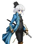  blue_eyes cosplay devil_may_cry highres katana konpaku_youmu sasaae_(artist) short_hair silver_hair solo sword touhou vergil vergil_(cosplay) weapon 