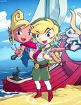  1girl bandana beach boat carrying cloud day genzoman link nintendo ocean outdoors pirate pointy_ears princess_zelda sail shield signature sky smile sword tetra the_king_of_red_lions the_legend_of_zelda the_legend_of_zelda:_the_wind_waker tunic v watercraft watermark weapon 