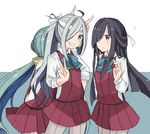  ahoge asashimo_(kantai_collection) black_hair blue_hair bow bowtie fake_horns green_eyes grey_hair grin hair_over_one_eye hair_ribbon hand_on_hip hayashimo_(kantai_collection) headband kantai_collection kiyoshimo_(kantai_collection) long_hair long_sleeves looking_at_viewer looking_up low_twintails multicolored_hair multiple_girls pantyhose ponytail purple_hair remodel_(kantai_collection) ribbon riz_(ravel_dc) school_uniform silver_hair skirt sleeves_folded_up smile twintails v very_long_hair 