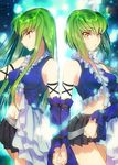  bare_shoulders breasts c.c. code_geass cosplay covered_nipples creayus detached_sleeves dual_persona final_fantasy final_fantasy_x final_fantasy_x-2 green_hair holding_hands lenne lenne_(cosplay) long_hair looking_at_viewer medium_breasts midriff navel pleated_skirt short_hair skirt yellow_eyes yuna_(ff10) yuna_(ff10)_(cosplay) 