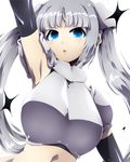  :&lt; arm_up armpits blue_eyes breasts elbow_gloves gloves large_breasts long_hair looking_at_viewer miss_monochrome miss_monochrome_(character) navel silver_hair simple_background solo star tokyo_(great_akuta) twintails white_background 