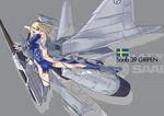  armpits ass_visible_through_thighs blonde_hair blue_eyes cameltoe canards elbow_gloves gloves highres jet_engine mecha_musume nenchi personification saab_gripen short_hair skin_tight solo spread_legs svenska_flygvapnet sweden swedish_flag weapon wings 