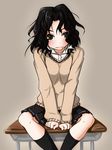  amagami arm_support between_legs black_hair black_legwear blazer brown_eyes desk guriko_(mossari) hand_between_legs jacket knees long_hair looking_at_viewer messy_hair on_desk open_collar school_desk simple_background sitting skirt socks solo sweater tan_background tanamachi_kaoru 