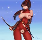  black_hair blush bodysuit breasts crotchless_clothes gloves long_hair ninja pubic_hair simple_background skin_tight solo soulcalibur sword taki_(soulcalibur) torn_clothes uncensored weapon 