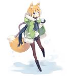  animal_ear_fluff animal_ears blonde_hair blue_eyes boots cloak cross-laced_footwear fox_ears fox_tail full_body fur_trim holding hood hood_down hooded_cloak jacket lace-up_boots looking_at_viewer mittens open_mouth original pantyhose poco_(asahi_age) scarf shiratama_kitsune short_hair snowball solo tail white_background 