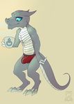  barefoot briefs clothed clothing coffee_mug digitigrade kobold korichi looking_down male scalie signature solo standing tenting topless underwear 