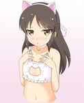  absurdres animal_ears bell black_hair blush bra breasts brown_eyes cat_cutout cat_ears cat_lingerie cleavage_cutout highres idolmaster idolmaster_cinderella_girls jingle_bell kochiya_hizuki long_hair looking_at_viewer meme_attire navel small_breasts solo tachibana_arisu underwear underwear_only 