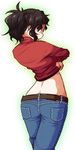  alternate_costume alternate_hairstyle amagami arched_back ass back belt black_hair crossed_legs denim from_behind grey_eyes guriko_(mossari) halftone halftone_background highres hips jeans long_hair looking_back messy_hair pants ponytail red_shirt shirt shirt_lift sidelocks solo standing tanamachi_kaoru thighs turtleneck undressing white_background 